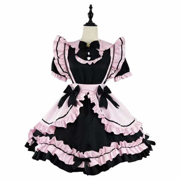 Anime gótico lolita jsk dr manga corta kawaii arco mucama fiesta dres cosplay gatos niña harajuku lindo rosa volantes negro a1uh #