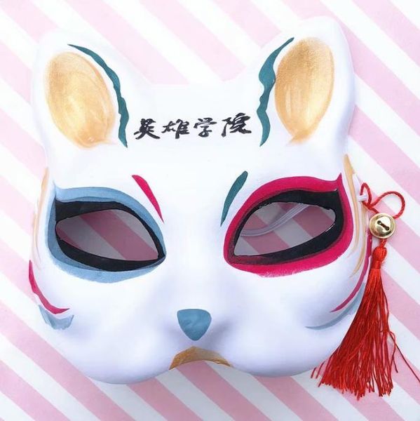 Anime peinture à la main masque de renard avec pompon et cloche Halloween mascarade noël Style japonais animaux masques complets fête Cosplay Prop faveur