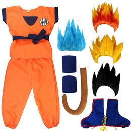 Anime vacaciones trajes Son Goku carnaval anime Cosplay disfraces Top/pantalón/cinturón/cola/muñequera/peluca para niños adultos H220805