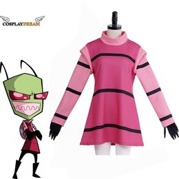Anime Invader Zim Cosplay Kostuum Alien Zim Lange Mouwen T-shirt met Handschoenen Halloween Party Kostuum voor Vrouwen Op maat gemaakt