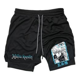 Anime Jujutsu Kaisen 2 en 1 pantalones cortos de compresión para hombres Rendimiento de secado rápido atlético con bolsillos Fitness de entrenamiento de gimnasio 240506