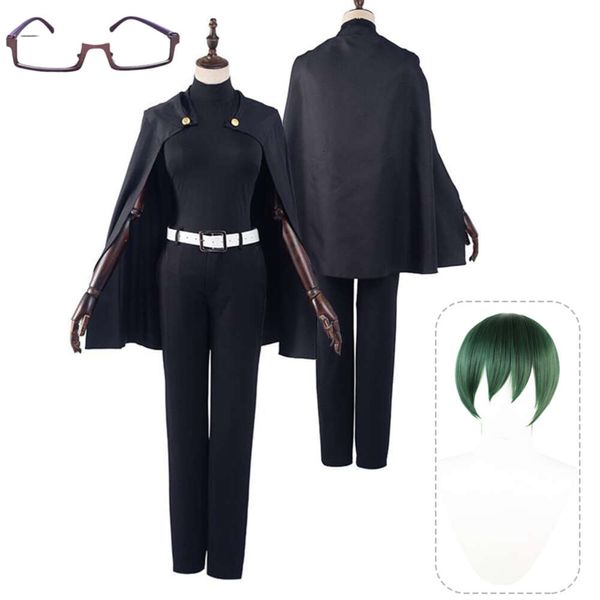 Costume de Cosplay Zenin Maki, Anime Jujutsu Kaisen saison 2, cape, lunettes, tatouage, perruque courte verte, Costume d'halloween pour femmes