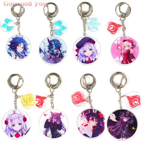 Anime Llavero Genshin Impacto Figura Acrílico Bolsa Colgantes Accesorios Hutao Xiao Qiqi Klee Llaveros para Fans Regalos Ventas al por mayor Y0728