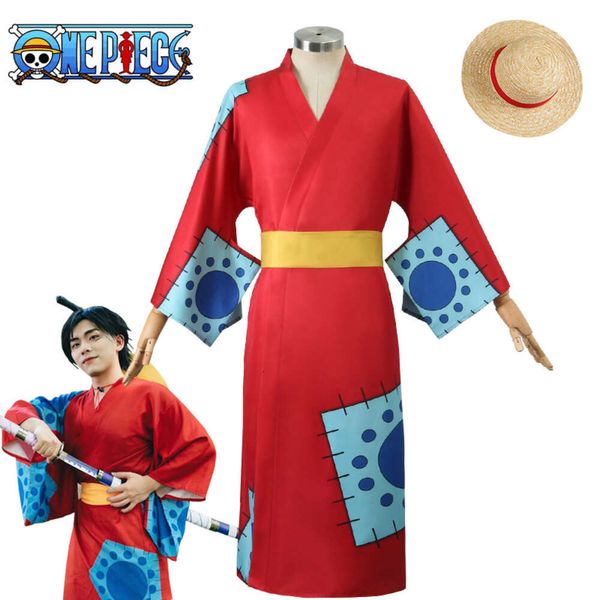 Anime Luffy Cosplay Monkey D. Luffy Cosplay Costume rouge Kimono chapeau de paille ensemble complet Halloween carnaval fête Costume pour Adultcosplay
