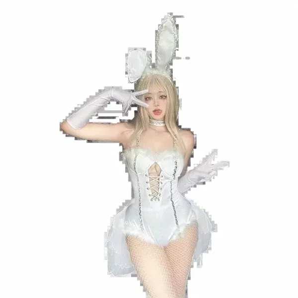 Anime Maid Cosplay disfraz mujer sexy mono blanco sombreros guantes traje conejita lindo uniforme Halen fiesta disfraz de Pascua X6Dy #