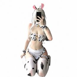 Anime Maid Lingerie Coupe Carrée Mini Soutien-Gorge G-string Apr Bandeau Bas Bikini Femmes Érotique Lait Vache Cosplay Costume A73x #