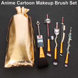 Ensemble de pinceaux de maquillage Anime 5 pièces Demon Slayer pinceau de dessin animé poudre fond de teint ombre à paupières pinceau à lèvres sourcils outils cosmétiques mignons avec sac de rangement