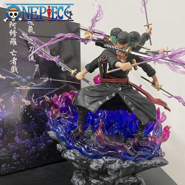 Anime Manga 30 cm One Piece Roronoa Zoro Anime Figura Gk Tres cabezas y seis brazos Nueve cuchillos Flujo Ashura PVC Figura de acción Modelo Muñeca Juguetes L230717