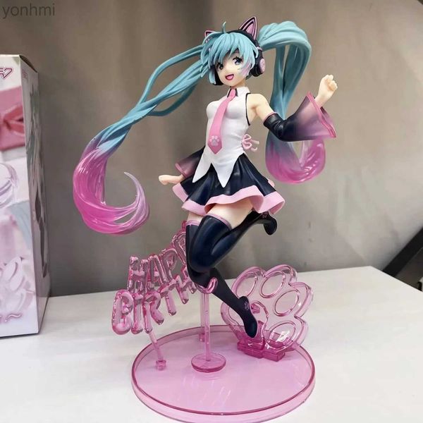 Anime Manga New 23cm Kawaii Vocaloid Hatsune Artista MIKU Happy Birthday Cat Ears Headdress PVC Figura Figura Figura Figuras Modelo Toys 240413