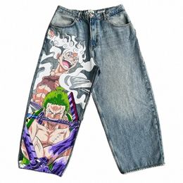 Anime Jeans pour hommes Harajuku Hip Hop imprimé motif streetwear jeans taille haute Y2K plus grand essai ropa esthétique jeans à jambes larges r0vG #