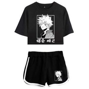 Anime My Hero Academia Bakugou Katsuki Himiko Toga estampado Crop Top camiseta pantalones cortos conjuntos de dos piezas disfraz Cosplay Y0903