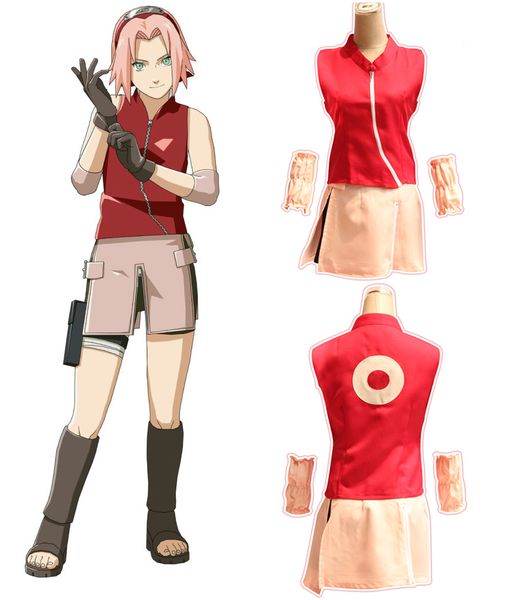 Anime Naruto Shippuuden Haruno Sakura Costume de Cosplay Sakura 2ème génération Costumes ensemble complet (haut + short + jupe + manche)