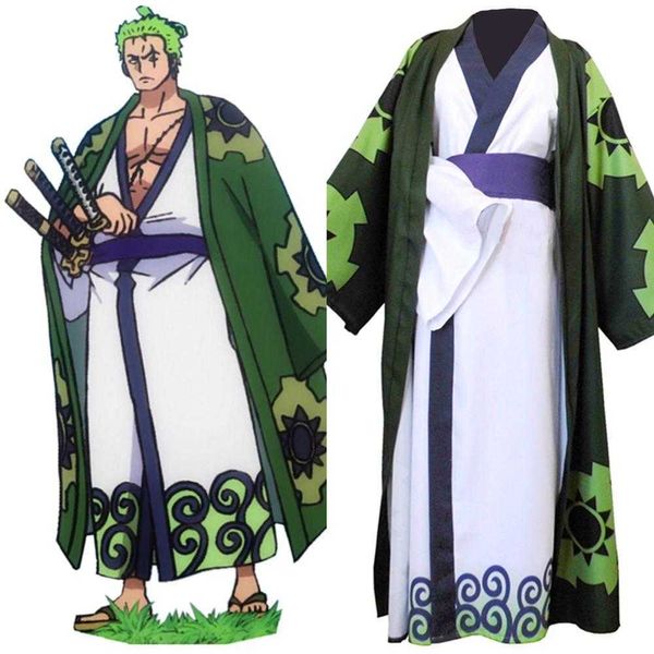 Anime One Piece Roronoa Zoro Cosplay Disfraz Kimono Robe Traje completo Una pieza Peluca verde con espalda corta Capa corta Roronoa Zoro Peluca Y0903