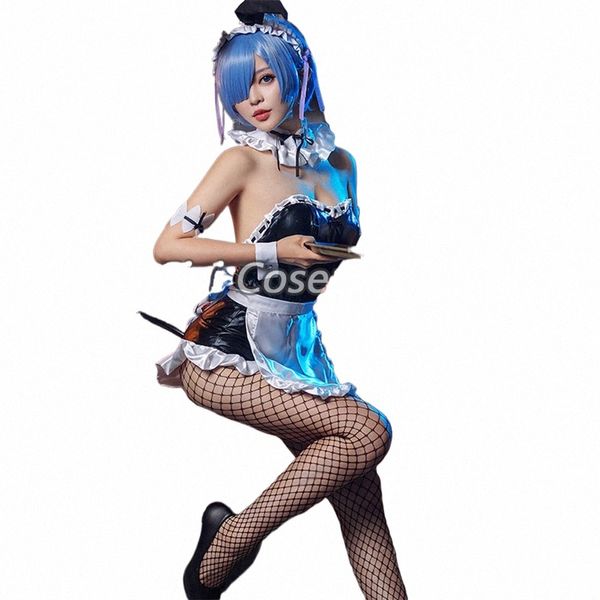 Anime Ram Rem Cosplay Traje Traje de conejito Orejas Re: cero Azul Peluca rosada Halen Fiesta Carnaval Maid Dr Sexy Bunny Girl Uniformes t4tp #