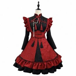 Anime Rouge Noir Chinois Relief Jacquard Lolita Maid Dr Cosplay Costume Fille Maid Dr Tendance Costumes De Fête O92v #