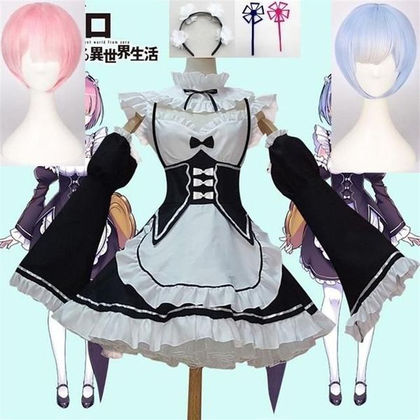 Anime Rezero Kara Hajimeru Isekai Seikatsu La vida en un mundo diferente Ram Rem Cosplay Pelucas Vestido de mucama Disfraz de Halloween 296S