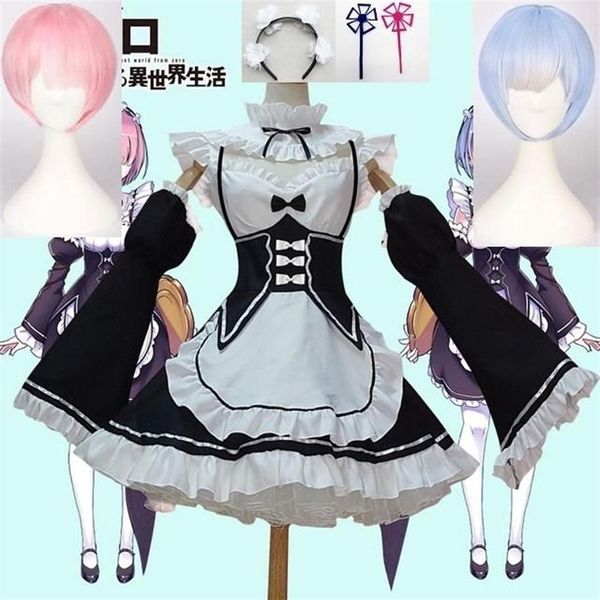 Anime Rezero Kara Hajimeru Isekai Seikatsu La vida en un mundo diferente Ram Rem Cosplay Pelucas Vestido de mucama Disfraz de Halloween 257L