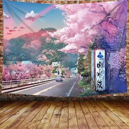 Tapisserie d'anime Tapestry Montagne japonaise avec cerisier en fleur de cerisier Mur d'art esthétique du village Sakura pour chambre 240411