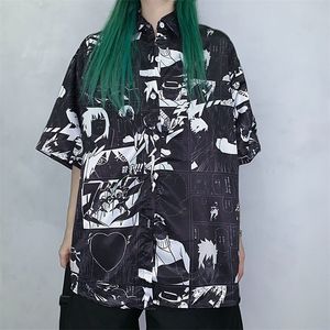 Anime Shirt Women Harajuku Streetwear Manga Print Button Up Blouse Korean Hip Hop Top Femme Summer Vintage Cardigan