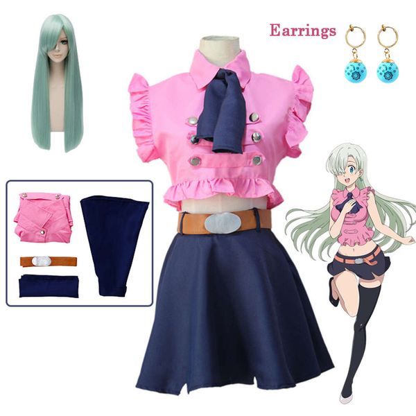 Anime les sept péchés capitaux Elizabeth Liones Cosplay Costume fille robe rose perruque boucle d'oreille tenues uniforme jupe Halloween Costumecosplay