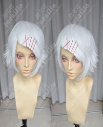 Perruque de Cosplay blanc pur, Anime Tokyo Ghoul Juzo Suzuya Juuzou, 5 épingles à cheveux rouges 4130475