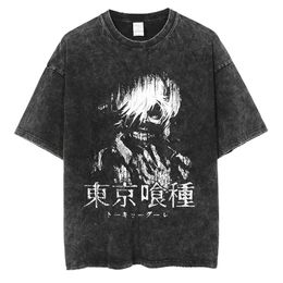 Camiseta lavada de Anime Tokyo Ghoul, camiseta de Hip Hop Kaneki Ken, camiseta 100% de algodón, camisetas informales REI, camisetas de manga corta de verano Y2k