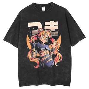 Anime Water Wash T-shirt korte mouw mannen ademende losse straat casual paar top gefrituurd met sneeuwvlok