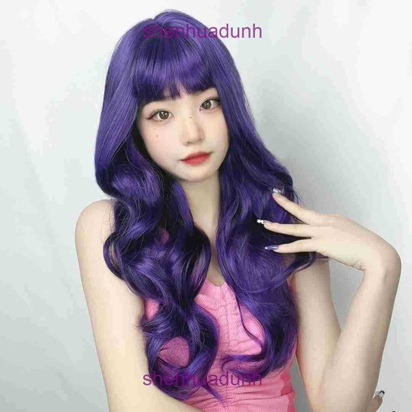 Anime Wig Purple Long Hair Large Waves Cosplay accesorios de la cabeza completa Cubierta de la cabeza entera Productos de correa corta