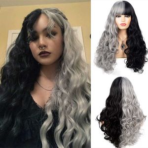 Perruque de cosplay en fausse fourrure pour femme, ours noir et blanc, couleur noire et grise assortie, cheveux longs bouclés avec frange et bonnet en fibre synthétique