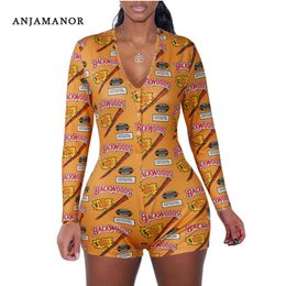 ANJAMANOR 2020 Frühling Sexy Zigarre Brief Drucken Tiefem V-ausschnitt Langarm Strampler Frauen Overall Bodycon Einem Stück Outfit D53-AA82 T200704