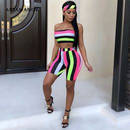 ANJAMANOR Fashion Striped Sexy Two Piece Set Top and Pants (incluyendo Headscarf) Beach 2 Piece Summer Short Set Mujer D43-AA02 T200701