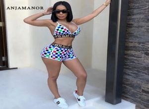 Anjamanor Plaid Sexy Sexe 2 pièces Femmes Crop top et Shorts Beach Outfits 2020 Summer Club Wear Checkerboard Courts sets D35I93 Y204910989