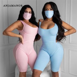 ANJAMANOR Ribbed Knit Casual Barboteuses Femmes Sans Manches Biker Shorts Combishort Femmes D'été Sexy Bodycon Jumpsuit D62-AE33 T200602