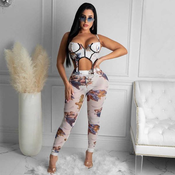 ANJAMANOR Sexy Two Piece Club Tenues pour femmes Vêtements 2021 Esthétique Imprimé Corset Crop Top Pantalon Costumes Ensembles assortis D15-CI20 Y0702