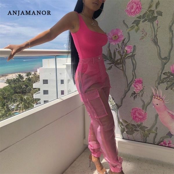 ANJAMANOR Sexy Deux Pièces Ensemble Body Top et Pantalon En Maille Néon Rose Vert Été 2 Pièces Club Tenues Ensembles Assortis D59-AB72 T200704