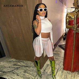 Anjamanor Sexy White Sheer Mesh Hoge Taille Biker Shorts 2 Stuk Set Zomer 2021 Club Outfits voor Dames Matching Sets D87-BH18 Y0702