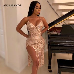 ANJAMANOR paillettes d'or scintillantes robes Sexy femme fête nuit anniversaire gland fendu sans manches Midi robe moulante D35-AH20