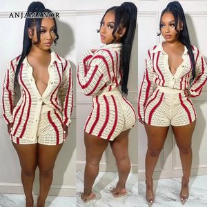 Anjamanor Striped Trined Sweater Cardigan and Shorts Two Piece Set Women Clothing Fall 2023 Fashion Matching sets D35EG33 240327