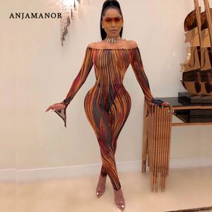 ANJAMANOR Gestreepte Sheer Mesh Sexy 2 Delige Sets Dames Outfits Herfst Winter Nachtclub Set Bodysuit Top en Broek D35-AC17 Y200110