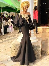 Ankara Aso Ebi 2019 robes de soirée noires sirène dentelle perlée robes de bal Satin pas cher formelle fête Pageant robes 8012942