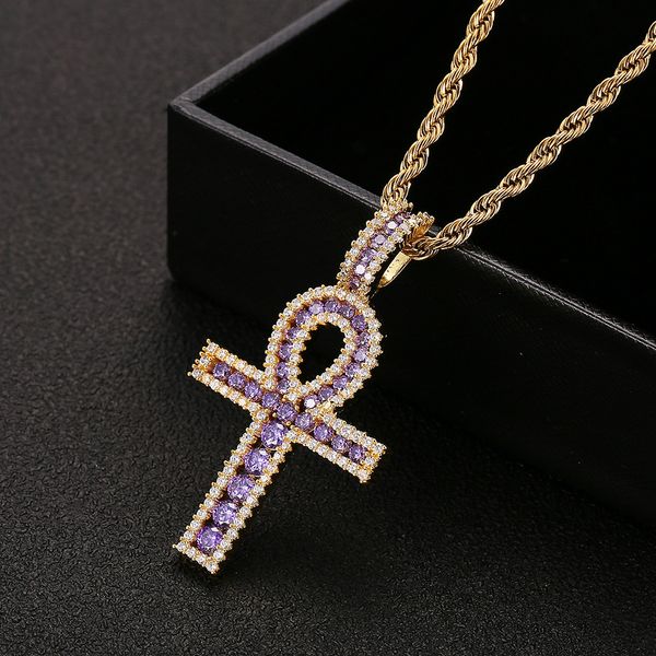 Ankh Cross colgante de oro plateado material de cobre helado Collar de circón egipcio Collar Hombres mujeres joyas de hiphop