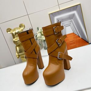 Bottines à plateforme à bout rond de 14,5 cm avec boucle de couleur unie, fermeture à glissière en cuir véritable, grosse botte de luxe de styliste pour femmes, chaussures d'usine