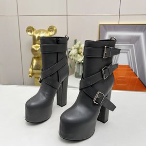 Bottines à plateforme à bout rond, talon de 14,5 cm, boucle de couleur unie, fermeture à glissière en cuir véritable, grosse botte de luxe de styliste pour femmes, chaussures d'usine