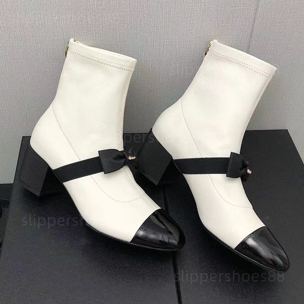 Bottines de créateurs pour femmes, bottines à talons en cuir souple, bottes courtes à la mode, nœud papillon, noir et blanc, bottes à talons bas, talons chaton, chaussures habillées confortables