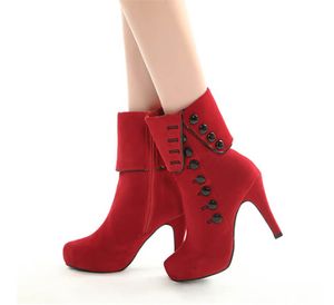 enkelschoenen Europese en Amerikaanse suède rij knop Hoge hak rode katoenen laarzen voor vrouwen