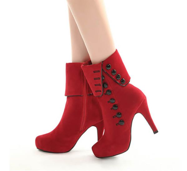 Botines de ante europeos y americanos con botones y tacón alto, botas de algodón rojas para mujer