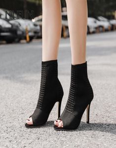 Bottes de cheville pour femmes tricotant les talons hauts peep talons féminins femme respirante botte courte de chaussures de chaussures de chaussures de chaussures CX207080527