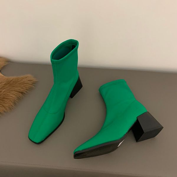 Bottines tricotées pour femmes, chaussettes à tête carrée, nouvelle mode printemps-automne 2022, respirantes et décontractées, bottes à plateforme, sexy, chaussures gothiques en laine extensible à talons hauts