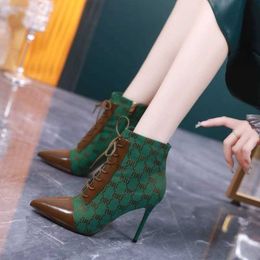ankle Boots leather botas Fashion Color Blocking Thin Heel Pointed Short for Women Winter Side Zipper High woman shoes