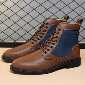 Enkel laarzen mannen Brits schoenen mode klassieker pu ing denim ronde teen lage hiel veter up casual straat buiten dagelijkse AD172 bdf0